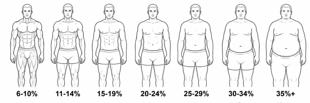 Line drawings of seven male physiques, from 6-10% body fat on the left to 35% and over on the right