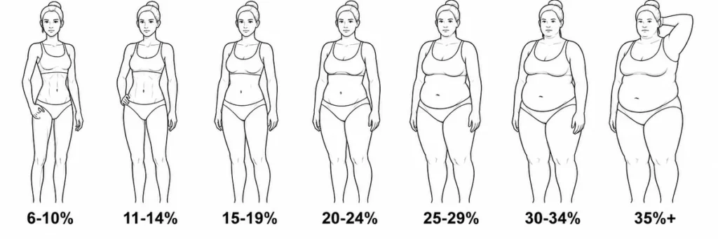 Line drawings of seven female physiques, from 6-10% body fat on the left to 35% and over on the right