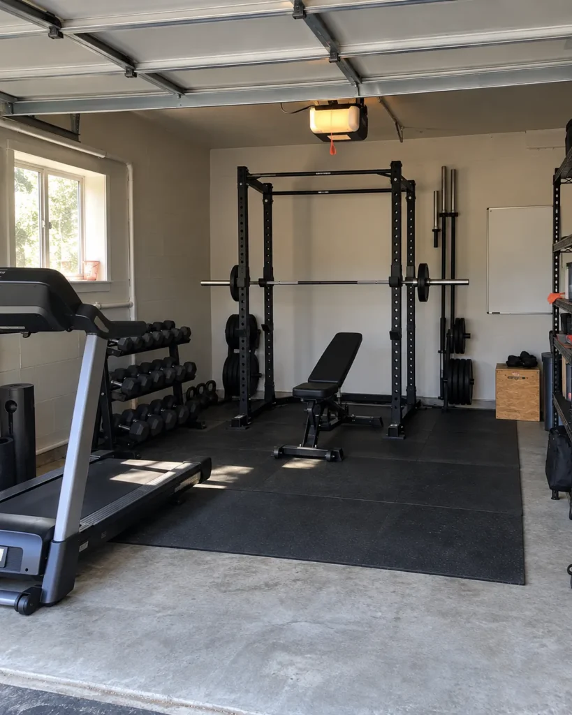 Home Gym A garage home gym: a treadmill beside a dumbbell rack, a power rack with a barbell and an adjustable bench on rubber floor mats, and spare bars and plates stored against the wall.