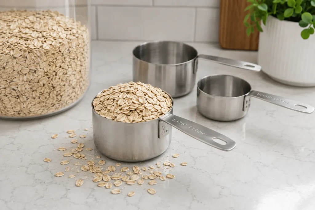 Coaching Stainless steel measuring cups on a kitchen counter, the largest filled with rolled oats