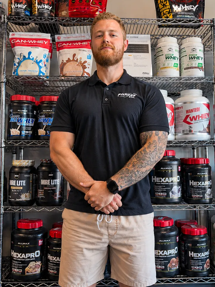 Nick standing in front of the supplement shelves at Fitness ETC with his arms crossed