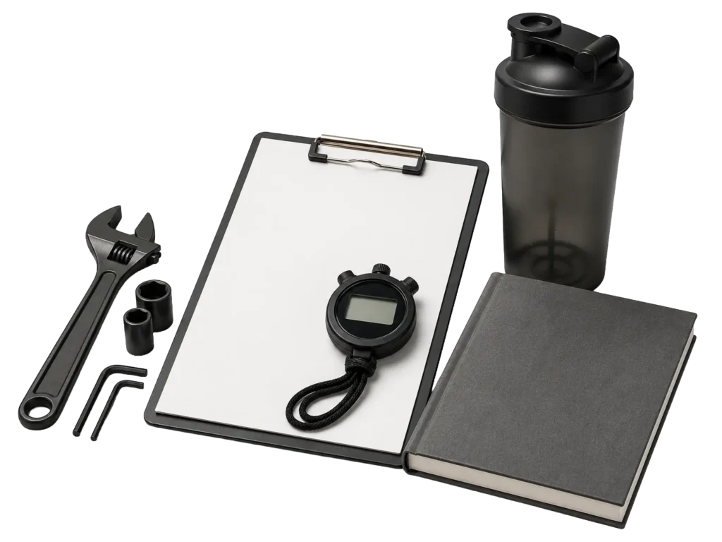 Adjustable wrench, sockets and hex keys beside a clipboard with a stopwatch, a shaker bottle and a notebook